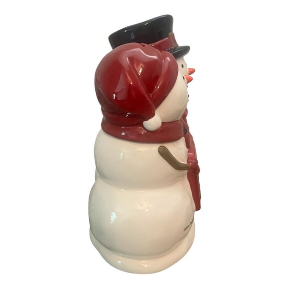 St. Nicholas Square Yuletide Let It Snow Ceramic Cookie Jar Snowman Couple - Picture 2 of 9